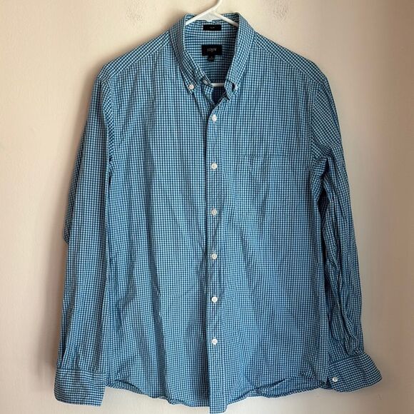 J. Crew Men's Blue Gingham Button Down Shirt casual plaid cotton medium EUC - Picture 1 of 6